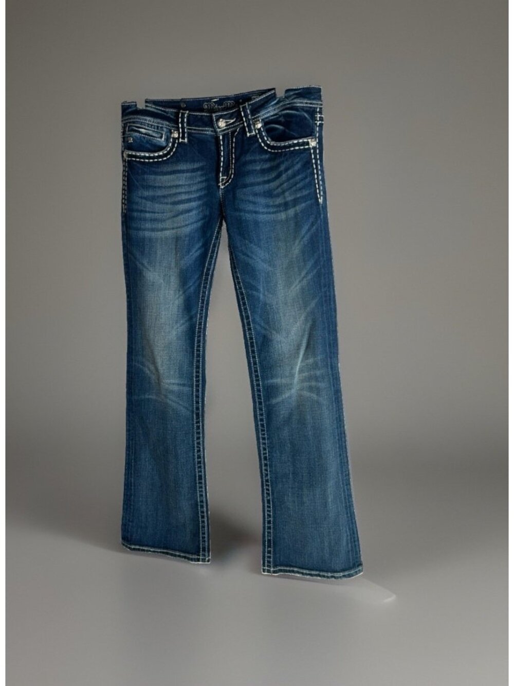 Miss Me Thick Stitch Mid Rise Boot Cut Jeans Womens Size 31 Rhinestone 8” Rise